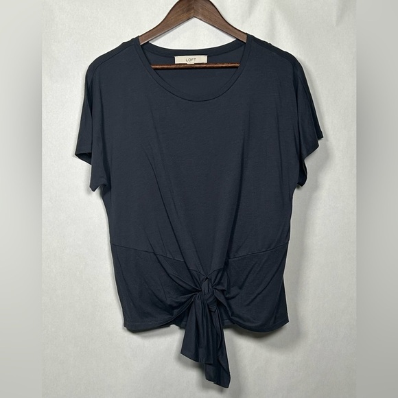 2 for$15 Loft Navy Blue Short Sleeve Top with Tie Front - Picture 1 of 9